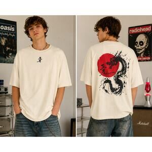 Vintage Y2K Dragon Graphic T Shirt Mens Large Cream Japanese Kanji Streetwear T